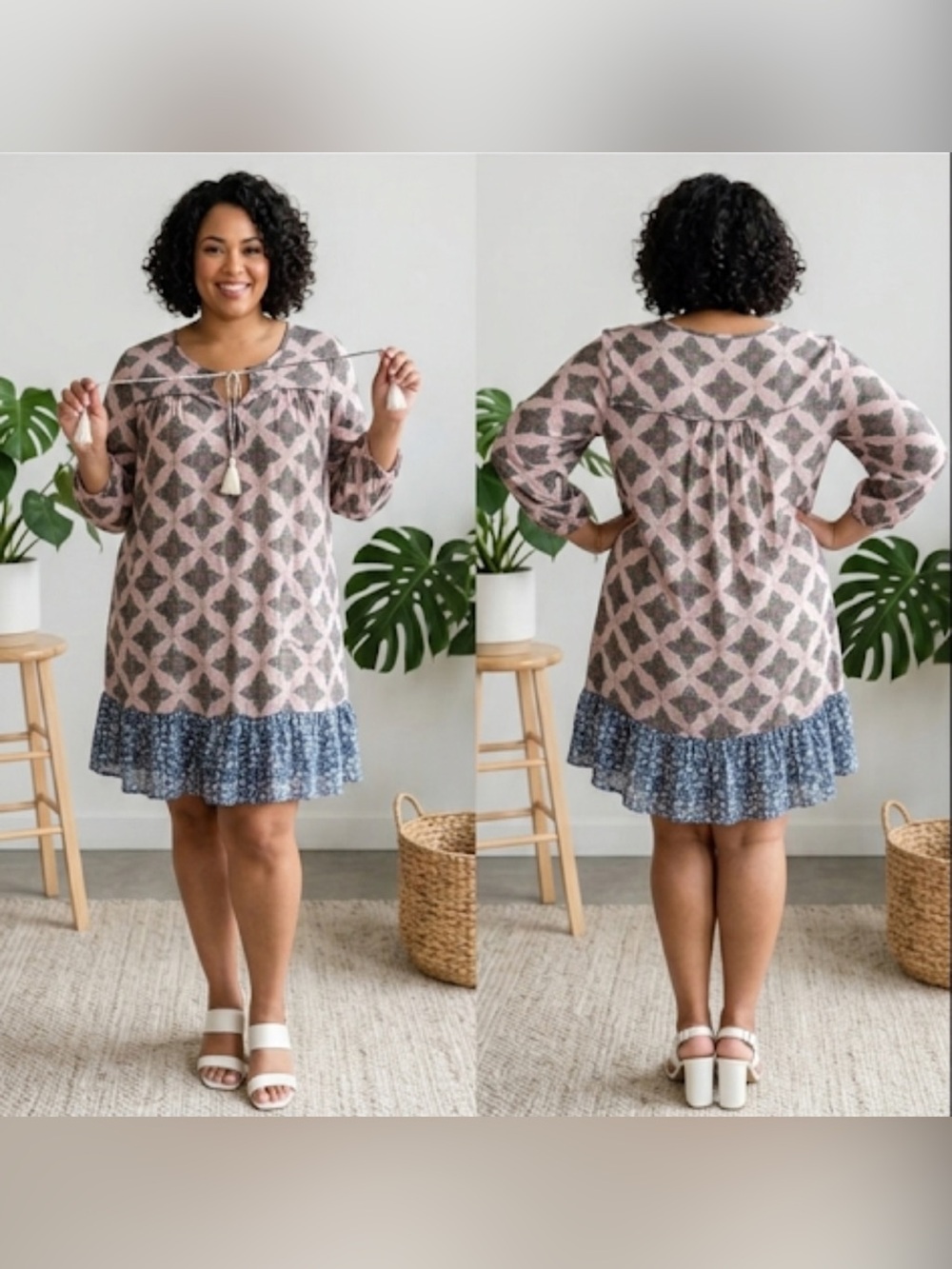 "NWT AUW Boho Floral Tunic Dress XL - Tassel Tie, Paisley Print, Ruffle Hem"